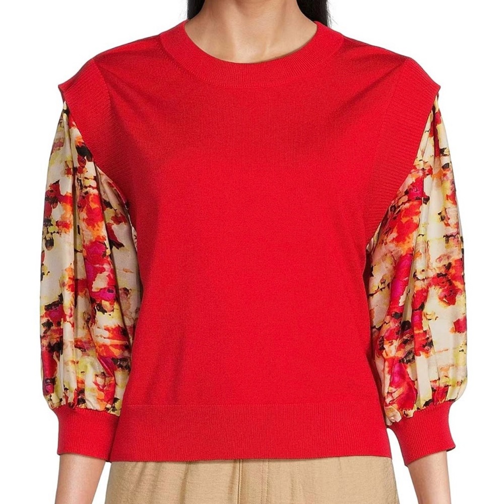 DKNY by Donna Karan Mixed Media Printed Satin 3/4 Sleeve Crew Neck Knit Top